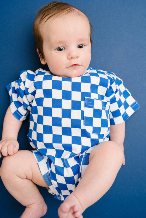Blue Checkered Pocket Romper