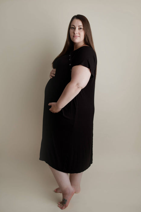 Black Ribbed Maternity Delivery/ Nursing Gown