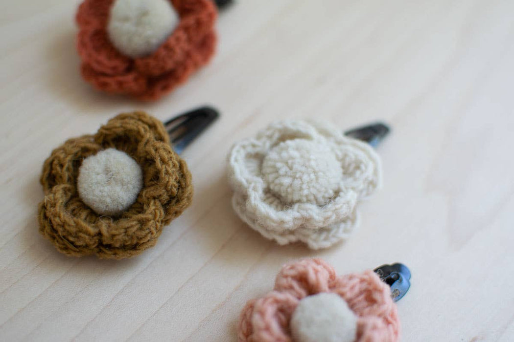 Hand Knit Flower French Barrette - Mustard