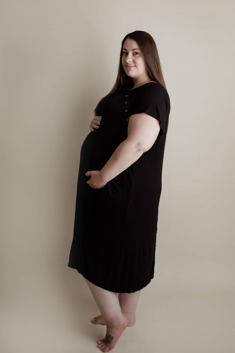 Black Ribbed Maternity Delivery/ Nursing Gown