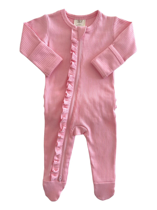 Pink / Organic Ribbed Frill Zip Footie (Baby - Kids)