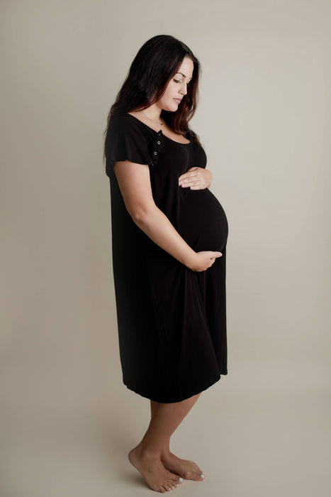 Black Ribbed Maternity Delivery/ Nursing Gown