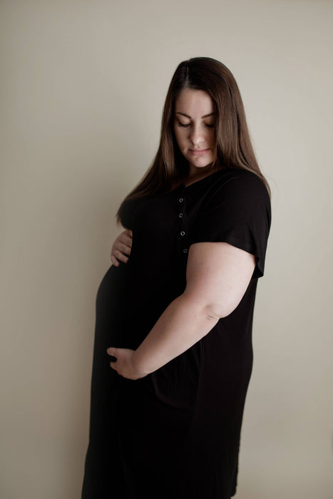Black Ribbed Maternity Delivery/ Nursing Gown