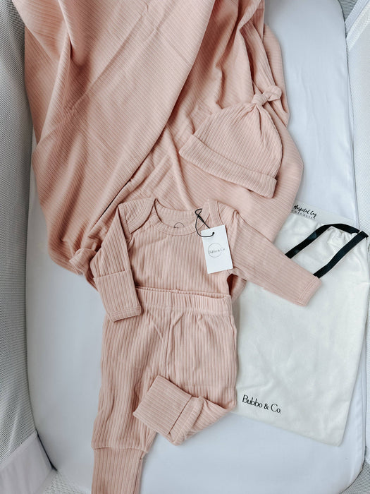 Organic newborn going home ribbed set - pale pink