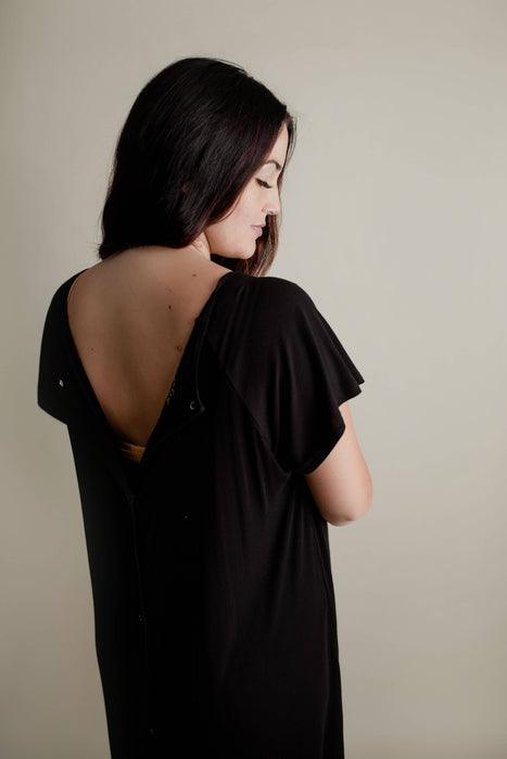 Black Ribbed Maternity Delivery/ Nursing Gown