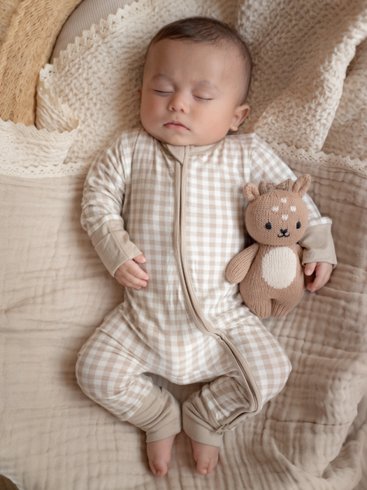 2-Way Convertible Zip Romper, Tan Gingham