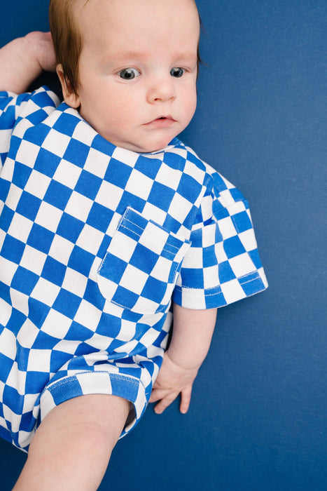 Blue Checkered Pocket Romper