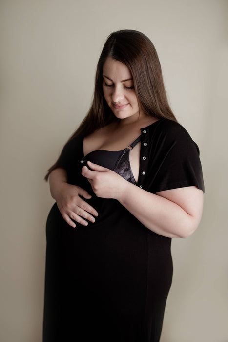 Black Ribbed Maternity Delivery/ Nursing Gown