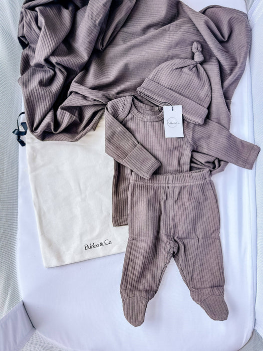 Organic newborn going home ribbed set - charcoal
