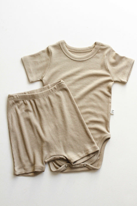 Cotton Ribbed Bodysuit & Shorts- Khaki