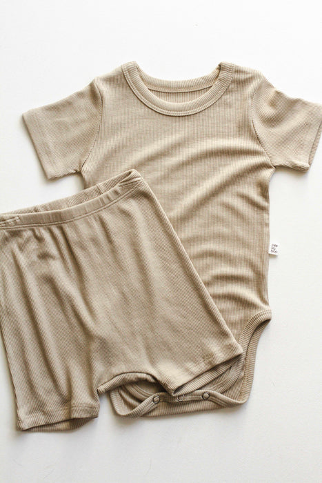 Cotton Ribbed Bodysuit & Shorts- Khaki