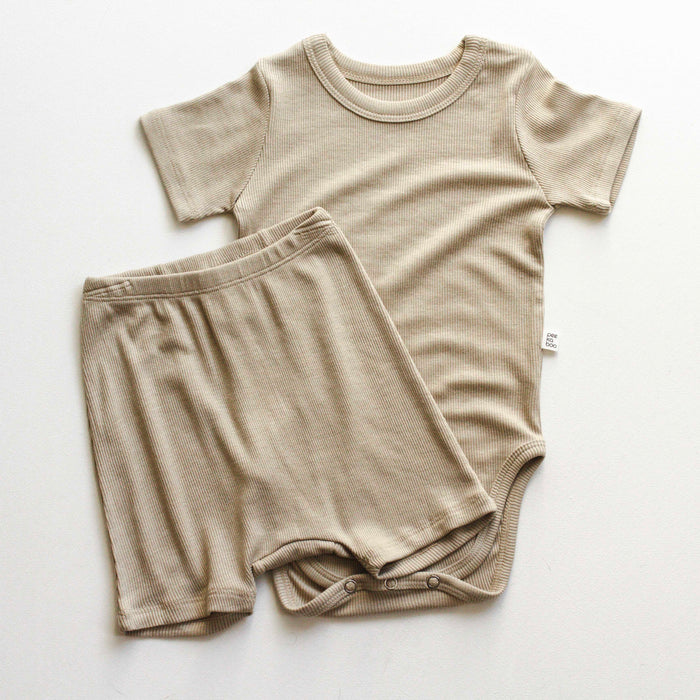 Cotton Ribbed Bodysuit & Shorts- Khaki