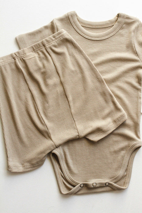 Cotton Ribbed Bodysuit & Shorts- Khaki