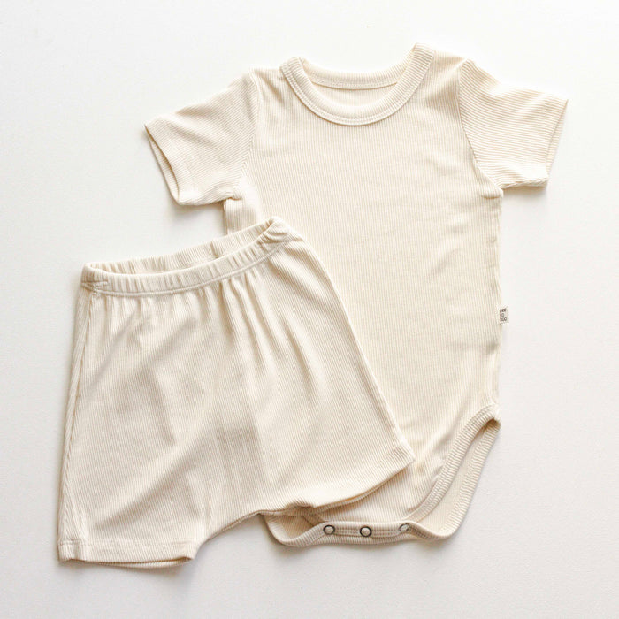 Cotton Ribbed Bodysuit & Shorts- Cream