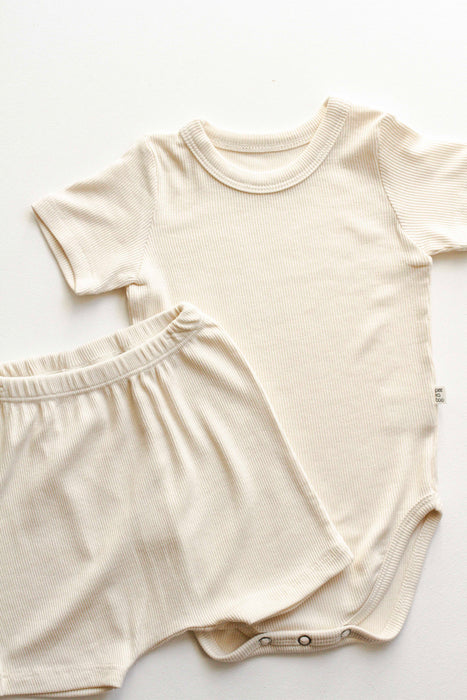 Cotton Ribbed Bodysuit & Shorts- Cream