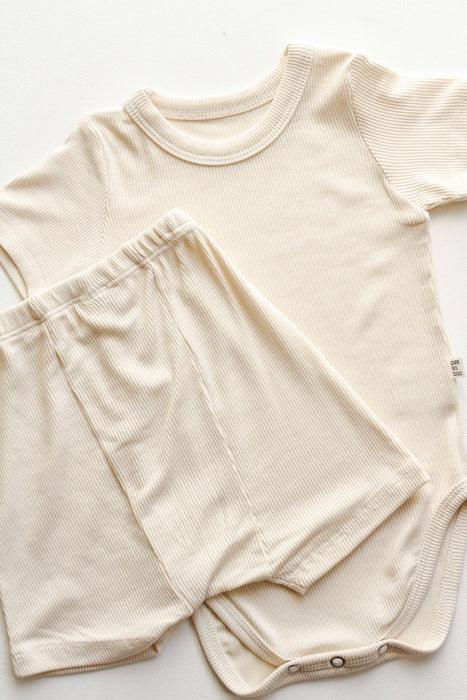 Cotton Ribbed Bodysuit & Shorts- Cream