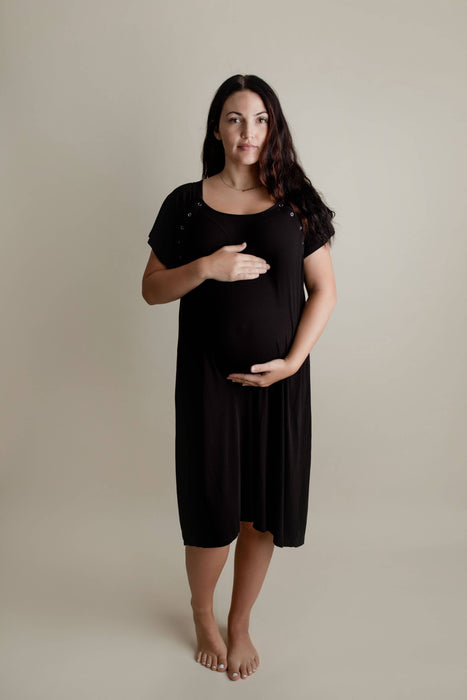 Black Ribbed Maternity Delivery/ Nursing Gown