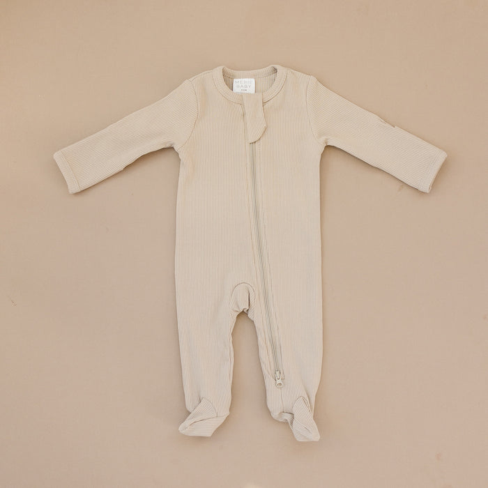 Organic Ribbed Footed Zipper One Piece- Oatmeal