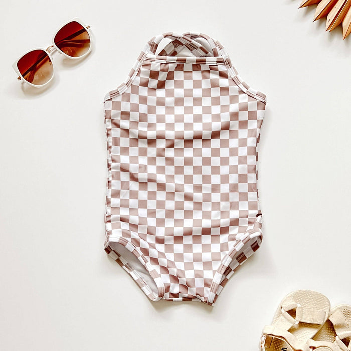 Cross-Back Swimsuit - Tan Checkered