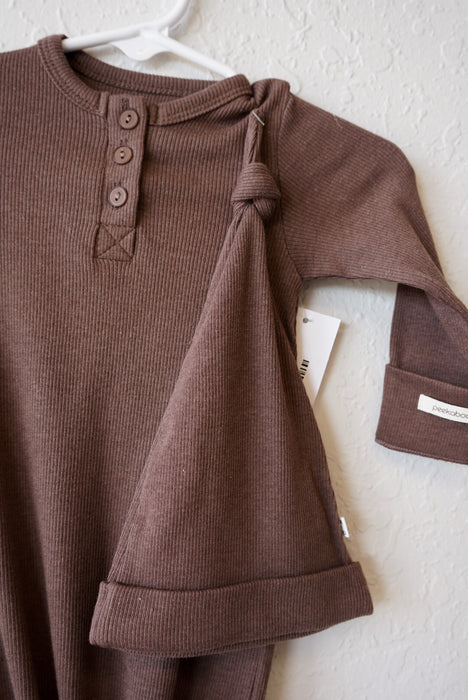 Newborn Ribbed Cotton Gown & Hat- Brown